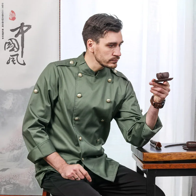 Для мужчин стоячий воротник карман с короткими рукавами двубортный Ресторан шеф-повара Кухня рабочая одежда Футбольная форма футболки фартуки XXXL - Цвет: Long sleeve