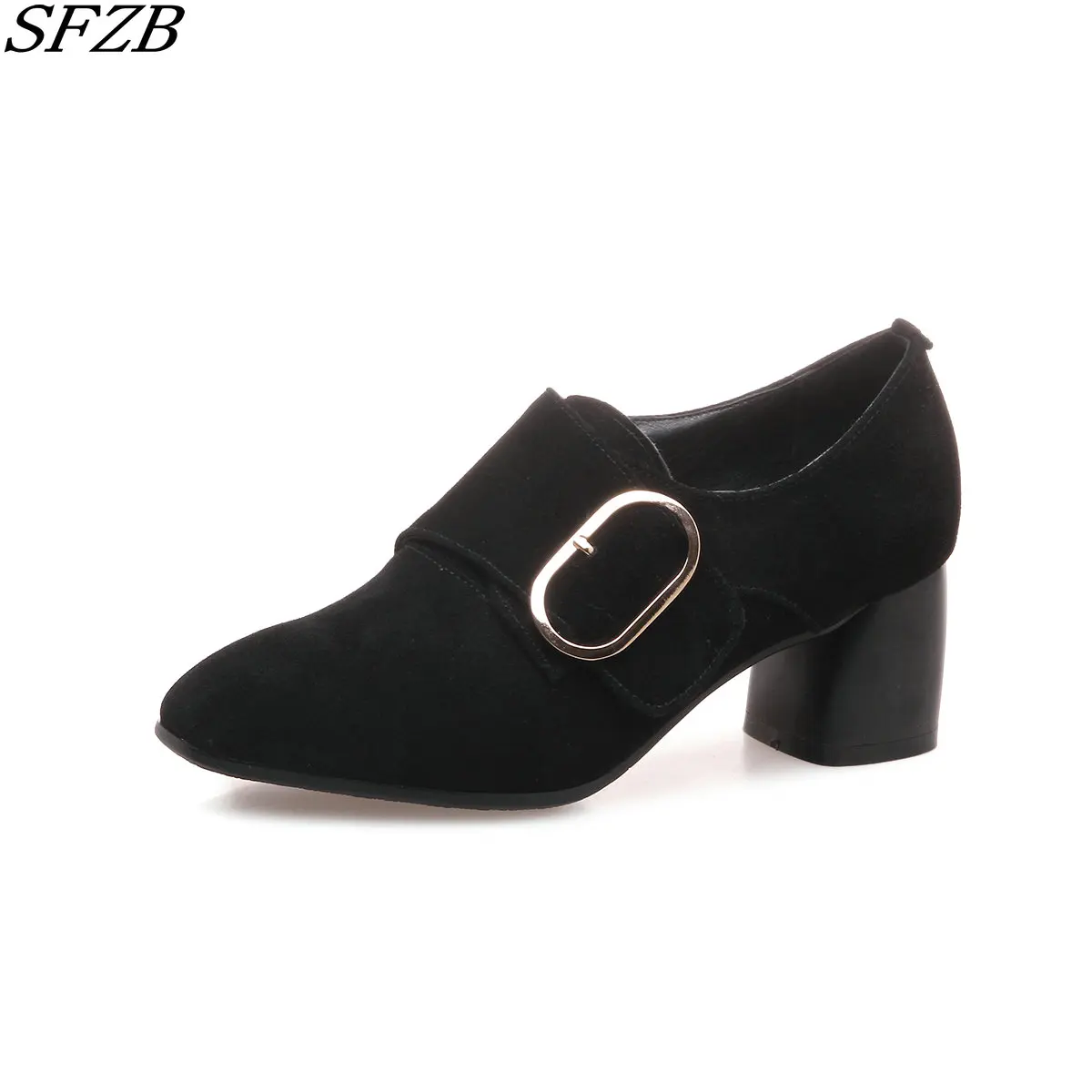 

SFZB square toe mature office lady fashion buckle decoration genuine leather convenient classical elegant women ankle shoes