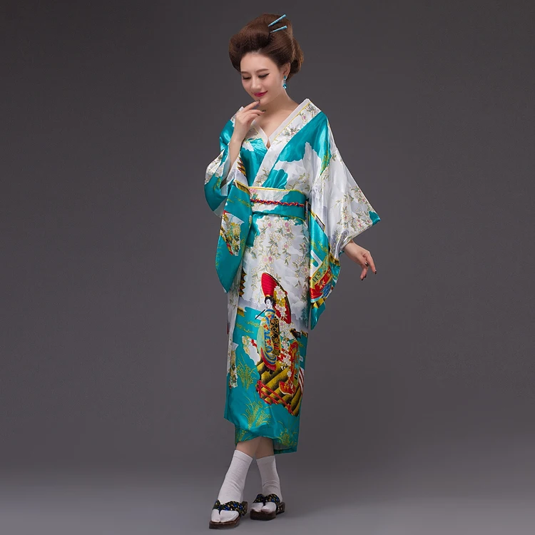 Sky Blue new Japanese Women's Silk Satin Kimono Yukata Evening Dress ...