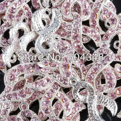 

100pcs Silver color Pink Crystal Rhinestone Ribbon Breast Cancer AWARENESS Charms Dangle Beads Pendant Jewelry Findings