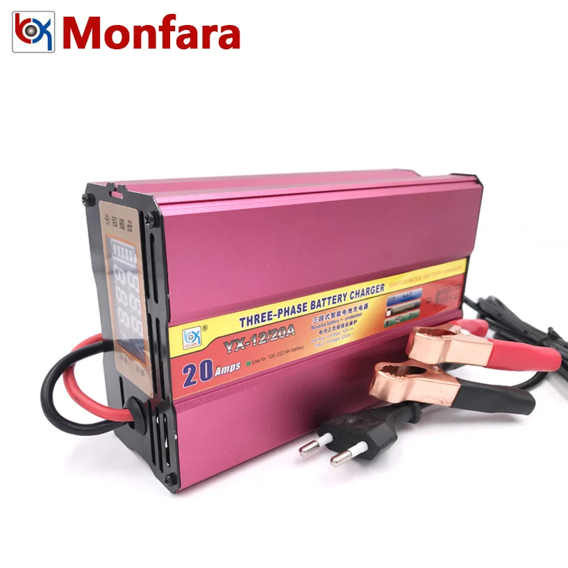 Koop 12 v 20A Car Battery Charger Auto Motorfiets Boot Heftruck Lood zuur AGM GEL Batterijen Opladen 12 Volt 20 AMP 100AH 200AH