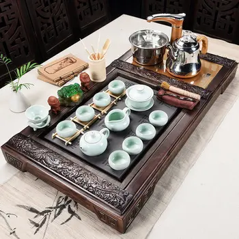 

China Purple Clay Kungfu tea set Home Ceramic teapot teacup Set Multifunction electric magnetic furnace Chahai wood tea trays