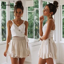 2019 New Summer Red Tank Crop Vest Woman Vacation Casual Lace-up button Bow V-neck Crop Spaghetti Strap Lady Slim Cami Top