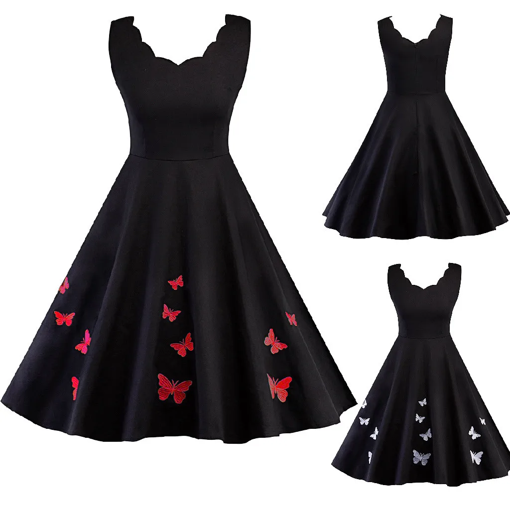 

2019 Women Summer Fashion Casual Black Elegant Butterfly Printing Party Dress Cocktail Prom Ballgown Fancy A-Line Dress 50