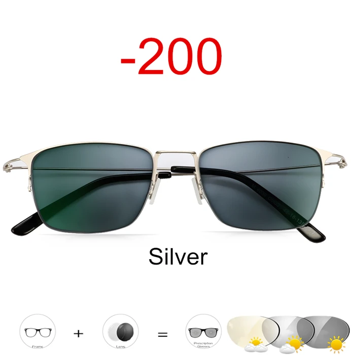 Очки для близорукости, фотохромные очки для мужчин и женщин, очки для близорукости, оправа с цветными линзами, солнцезащитные очки для близорукости, титановые очки - Цвет оправы: Silver -200