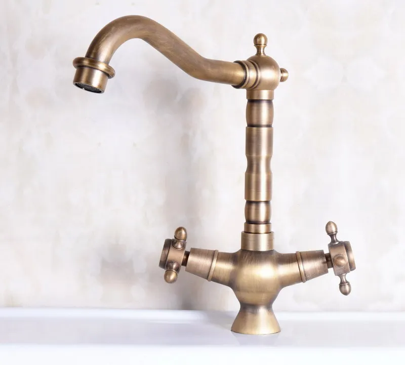Vintage Retro Antique Brass Double Cross Handles Swivel Spout Kitchen Sink Bathroom Vessel Basin Faucet Mixer Tap anf247