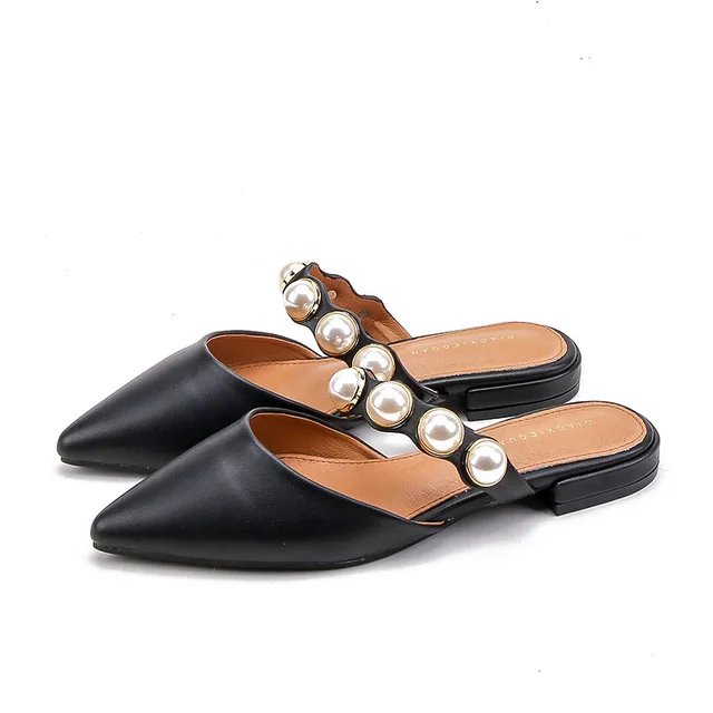 Bout Beige Chaussures Perle Sur Marque Sandales Mules Pantoufles 2019 Casual Faible Talon noir Pointu Carré Diapositives Slip N675 Femmes T47nq1wFR