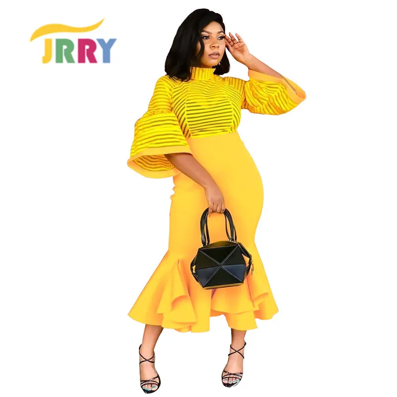 

JRRY Sexy Woman Dress O Neck Flare Sleeve Three Quarter Solid Knee-Length
