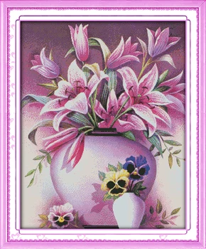 

new Pink lily flower cotton cross stitch kit 14ct white 11ct printed embroidery DIY handmade needle work wall home decor
