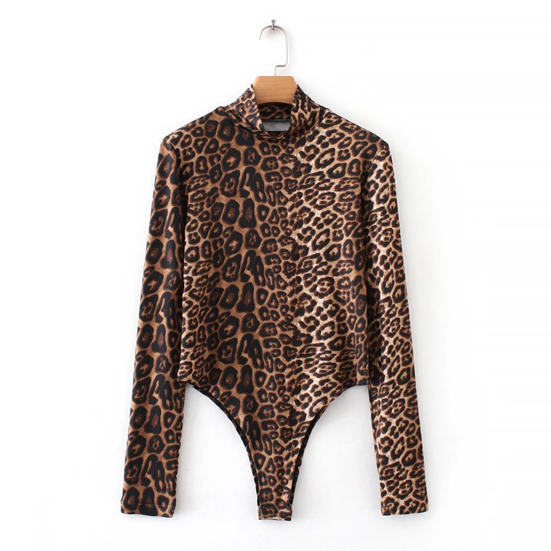 

Women vintage sexy leopard print turtleneck bodysuit ladies casual slim siameses blouse chic playsuits femininas shirts LS2903