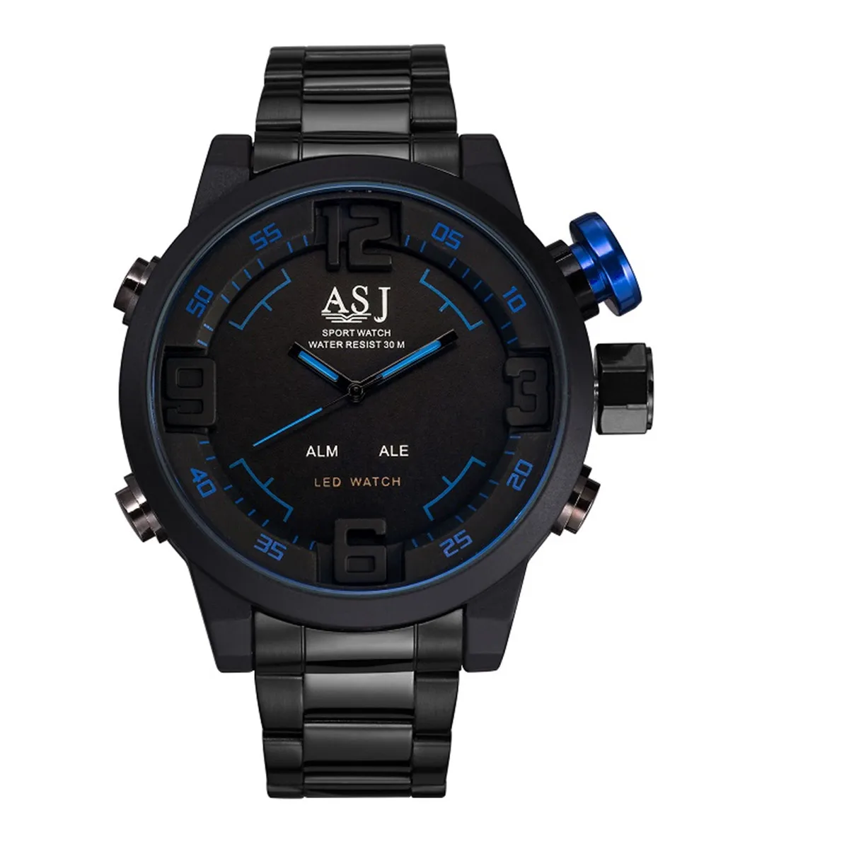 

2016 ASJ Male Sports Watch Analog Digital-watch LED Stainless Steel Band Waterproof Wristwatch Military Men Quartz Watches