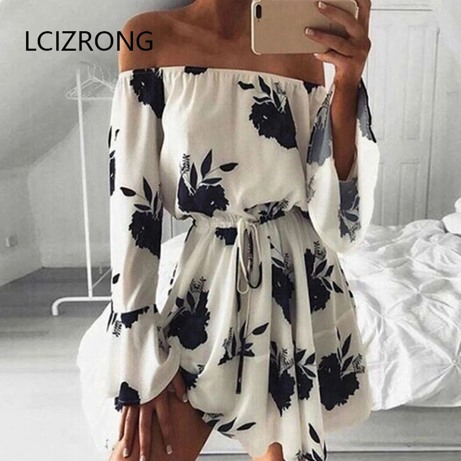 

Summer Sexy Print Floral Dresses Women Fashion Off Shoulder Tube Tops Mini Dress Elastic Waist Boho Beach Dress Female