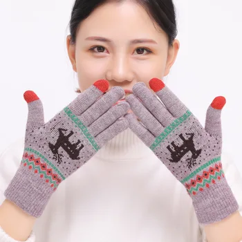 2018 Women's Cute Elk Deer Snowflake Knitted Gloves Full Finger Winter Gloves Touch Screen Mittens Female Gloves Christmas Gift elk snowflake geometric print christmas hoodie