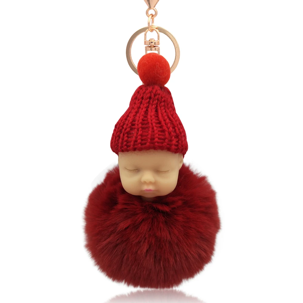 Cute Sleeping Baby Doll Keychain Fluffy Artificial Rex Rabbit Fur Key Chain Holder Car Keyring