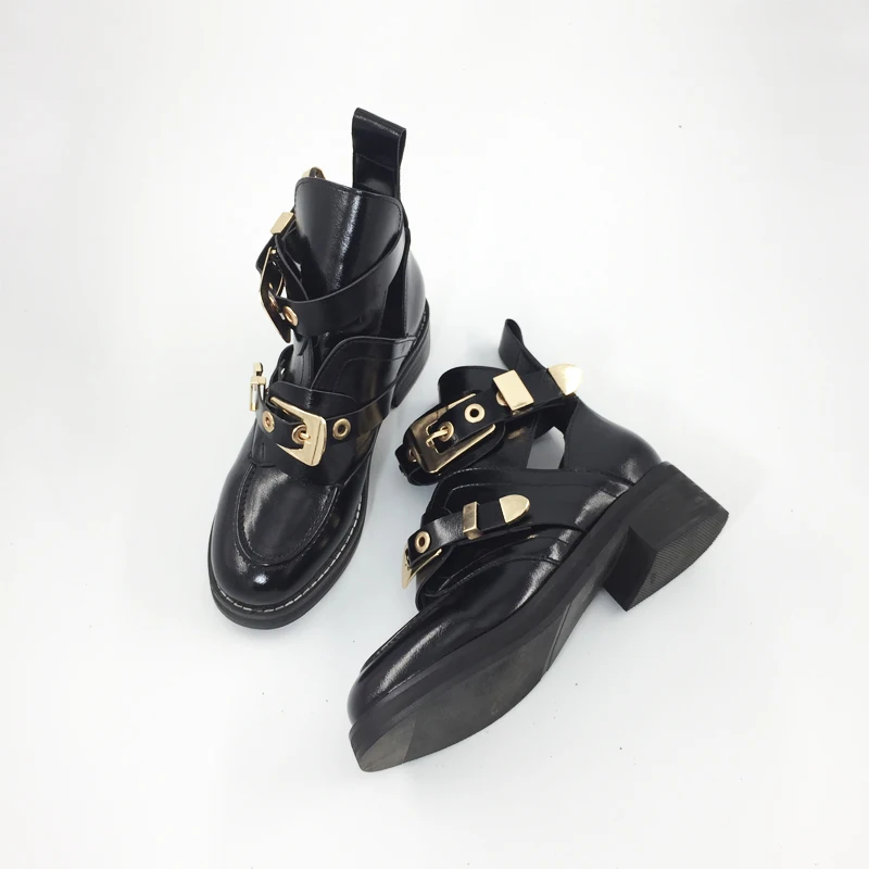 Teahoo/женские ботильоны с пряжкой; цвет золотистый, Серебристый; модная обувь на низком каблуке в гладиаторском стиле с вырезами; ботинки в байкерском стиле; сезон весна-осень