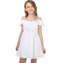 Летнее платье для девочек вечерние Детские платья на свадьбу хлопок белый цвет короткое ТРАПЕЦИЕВИДНОЕ Платье-туника с бантом и поясом