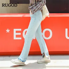 RUGOD корейские джинсы для Для женщин Высокая талия джинсы Для женщин Лоскутная свободные длинные голубые джинсы женские большие размеры нерегулярные свободные штаны