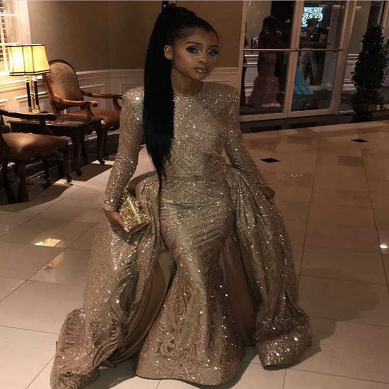 

New Elegant Long Prom Dresses 2019 Mermaid Long Sleeve Sparkly Golden African Two Piece Women Prom Dress With Detachable Train
