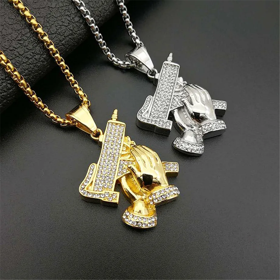 

UZI GUN Shape Pendant Necklace For Men Hip Hop Iced Out Jewelry Gold/Silver Color Stainless Steel Army Style Male Chain Necklace