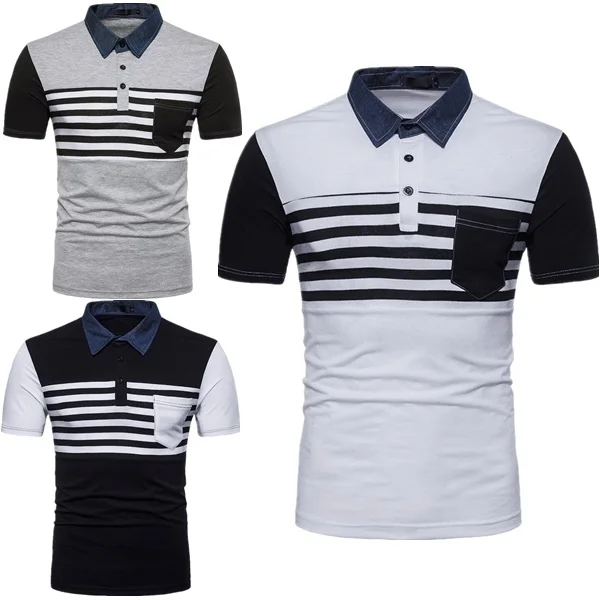 ZOGAA Polo рубашка мужская брендовая полосатая джинсовая с вырезом, вязаная, с коротким рукавом деловая рубашка поло хлопковая Повседневная Облегающая рубашка поло