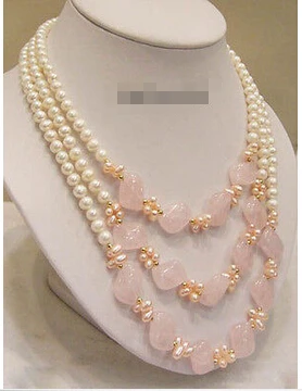 

Hot sell Noble- FREE SHIPPING>>>@@ Hot sale S>>>3 Rows Genuine White Pink Pearl Crystal 18KWGP Clasp Necklace