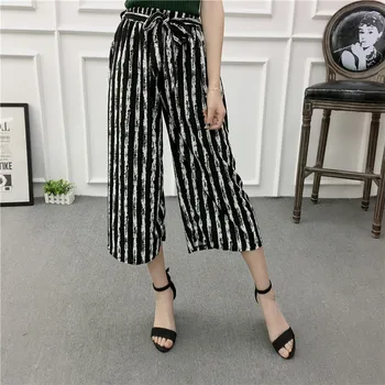 

Women New Summer Wide Leg Pants Casual Loose High Elastic Waist Harem Pants Loose Belt Striped Elasticated Trousers