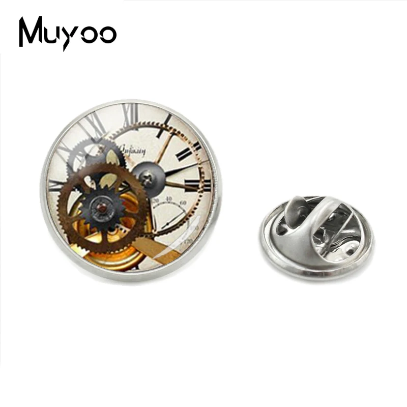 

2018 New Vintage Steampunk Personality Clock Jewelry Lapel Pins Glass Round Retro Style Clock Photos Silver Cabochon Brooch Pins