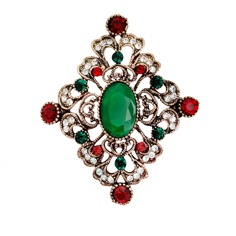 Vintage Geometric Big Green Stones Crystal Rhinestone Brooch Pins Women
