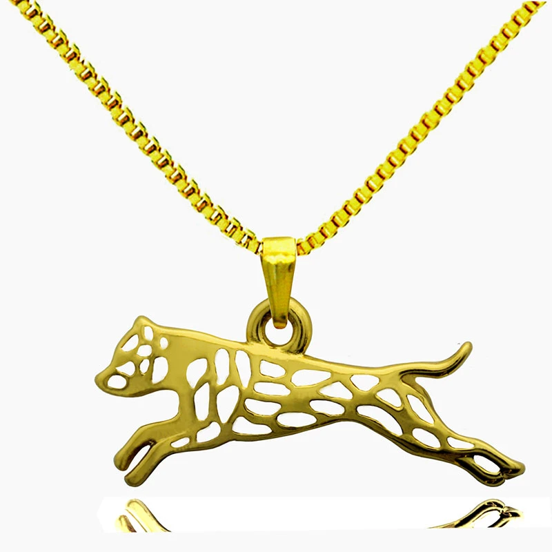Colgante de leopardo Leaping Staffordshire Pitbull, collares de animales de Color dorado, cadena de abalorios para perros, joyería hecha a mano|pendant gold|handmade jewelryanimal necklace -