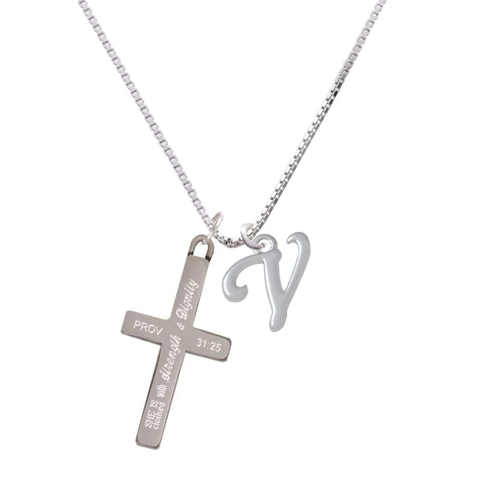 Small Gelato Script Initial - V - - Strength and Dignity - Cross Necklace