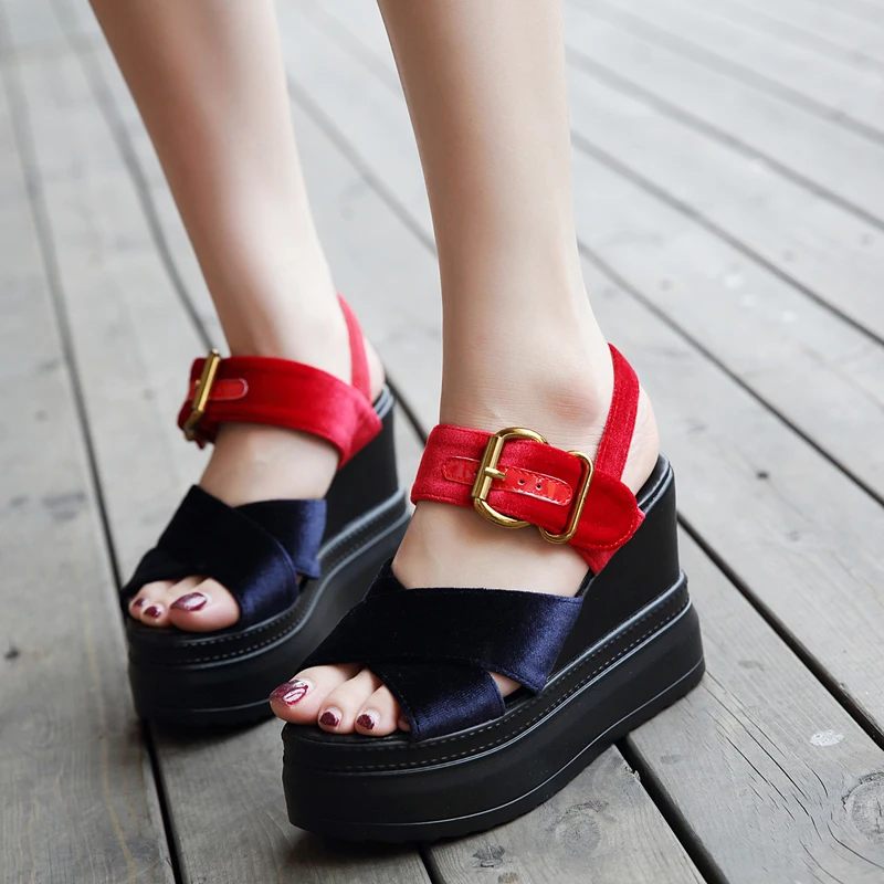 

2019 Women 10cm High Heels Wedges Sandals Red Party 4.5cm Platform Fetish Suede Quality Slides Slingback Luxury Shoes YHC-105