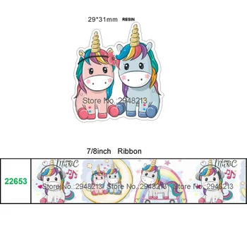 

printed cartoon Horse grosgrain ribbon and resin sets 7/8inch 50yard ribbon and 50pcs resin 1sets REB430