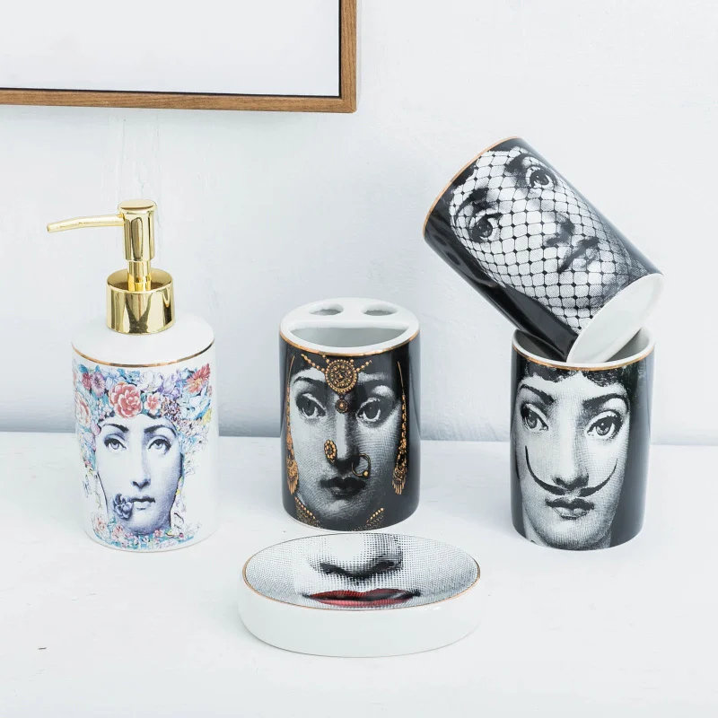 Популярные наборы для ванной комнаты Fornasetti 5 шт. керамические украшения АКСЕССУАРЫ мыло диспенсер чашка держатель для зубной щетки туалет коробка для хранения Горячая