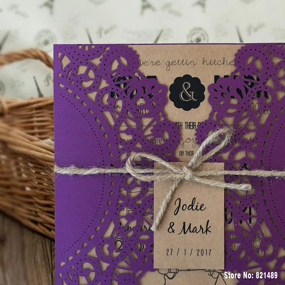  Purple Wedding Invitation Rustic Wedding Invitation Cards Laser Cut Invitation With Twine - 32672507141