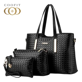 

Coofit Female Composite Bag 3Pcs Classic Knitting Weaved Pattern Handbag Women Fashion Shoulder Bag Clutch Purse Woven Bags Sac