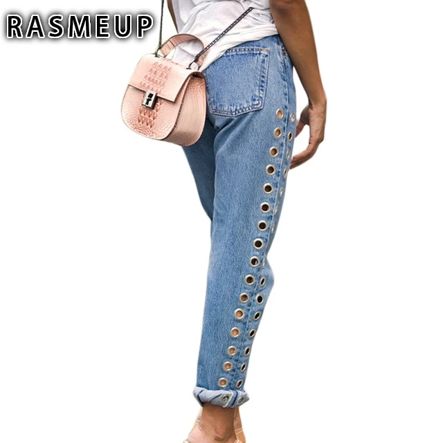 

RASMEUP Women Denim Jeans Rivets Ripped High Waist Boyfriend Jeans Ladies Straight Eyelet Detail Woman Pants Female Calca Jeans