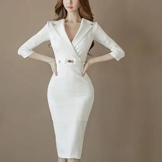

2018 autumn Sexy OL Office Lady Women V-neck three quarter Sleeve formal Slim white Pencil Dress