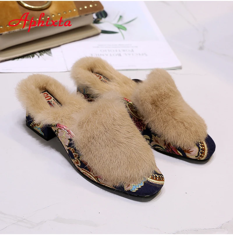 Aphixta Real Rabbit Hair Slippers Women Shoes Luxury Real Fur Square Heel Lady Warm Mujer Indoor Slides Plus Big Size 34-44