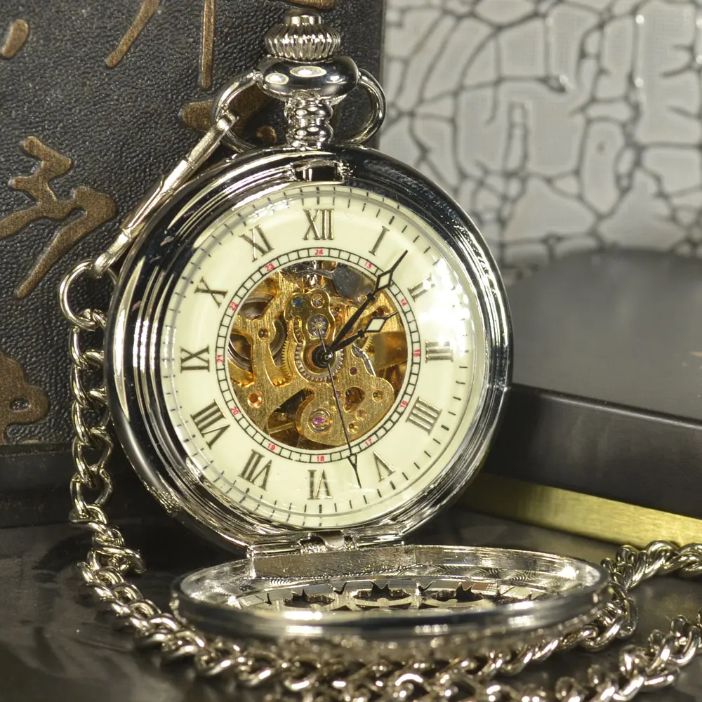 TIEDAN, серебряные карманные часы со скелетом, мужские антикварные Роскошные брендовые цепочки, стимпанк, автоматические механические карманные и брелоки, часы с цепочкой