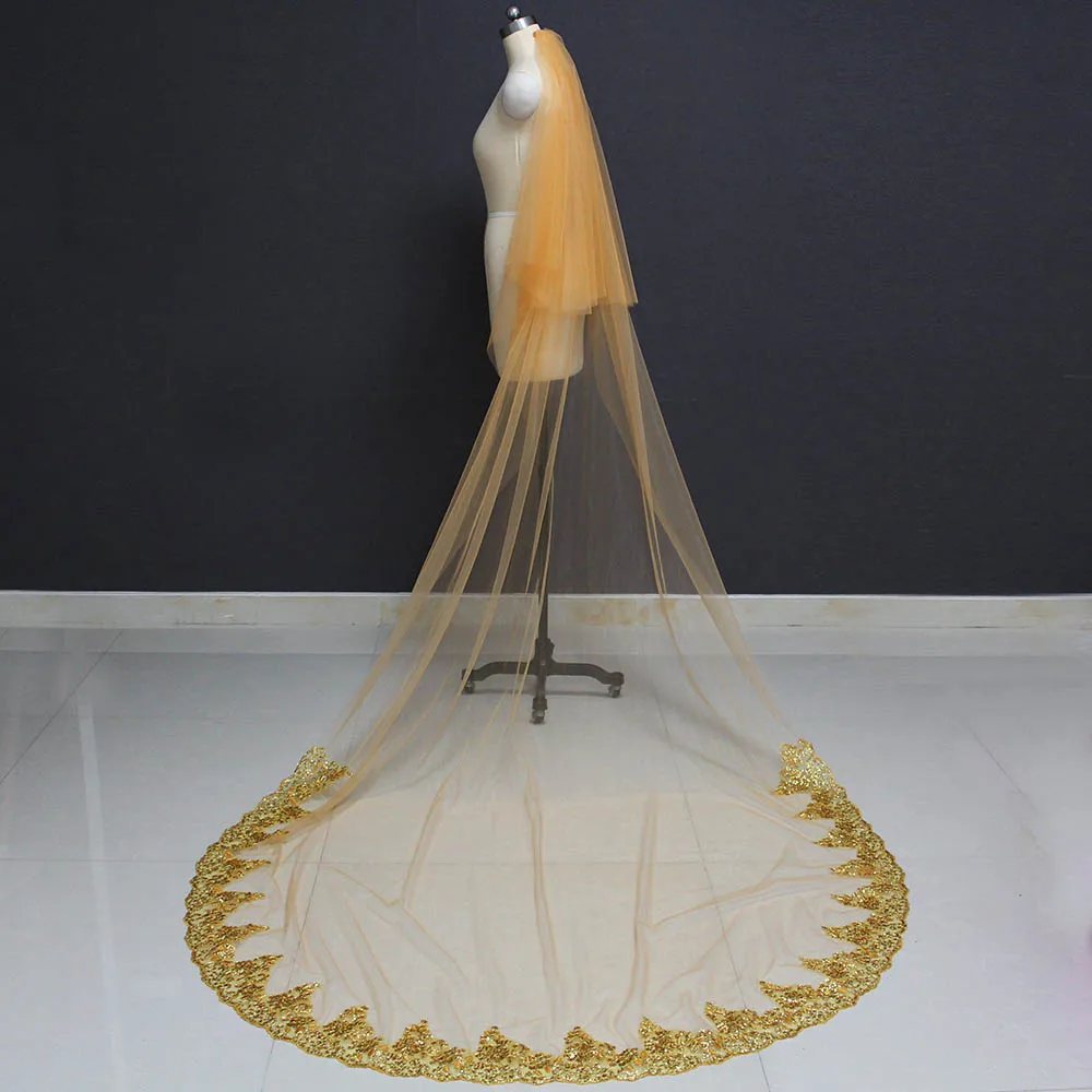

Gold Long Bridal Veil 2 T Cathedral 3 Meters Bling Sequins Lace Cover Face with Comb Wedding Veil Bride Accessories