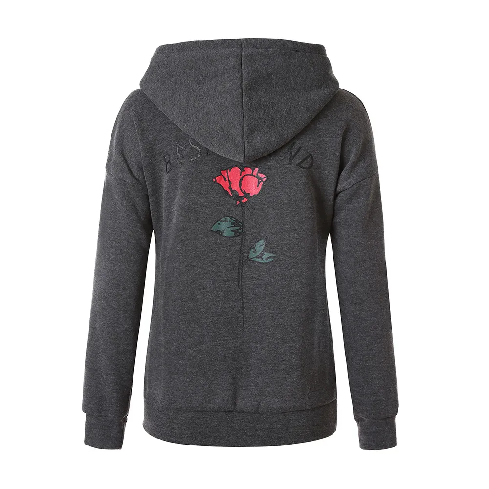 Негабаритный свитер с капюшоном для женщин лучший друг роза Вышитые с длинным рукавом Толстовка с капюшоном пуловер зима# T2 - Color: Dark grey