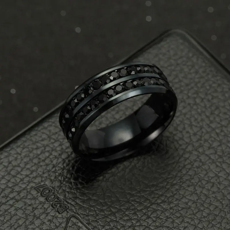 Классические кольца с кристаллами и камнями, черные двойные кольца из нержавеющей стали со стразами, свадебные кольца для мужчин и женщин, подарки, ювелирные изделия - Цвет основного камня: JR8007BK