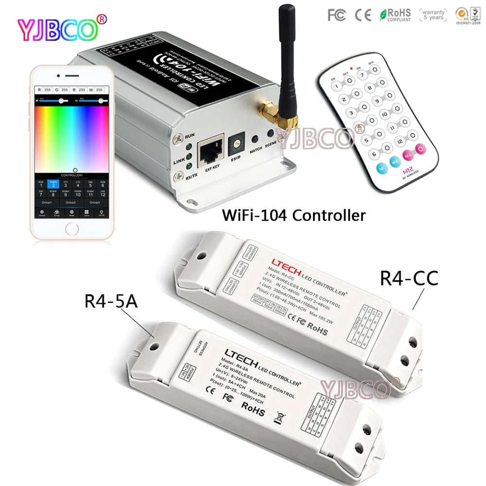 

WiFi-104 LED wifi controller & M12 IR remote 2.4GHz WiFi supports max12 zones control;R4-5A /R4-CC Zone Receiver for led strip