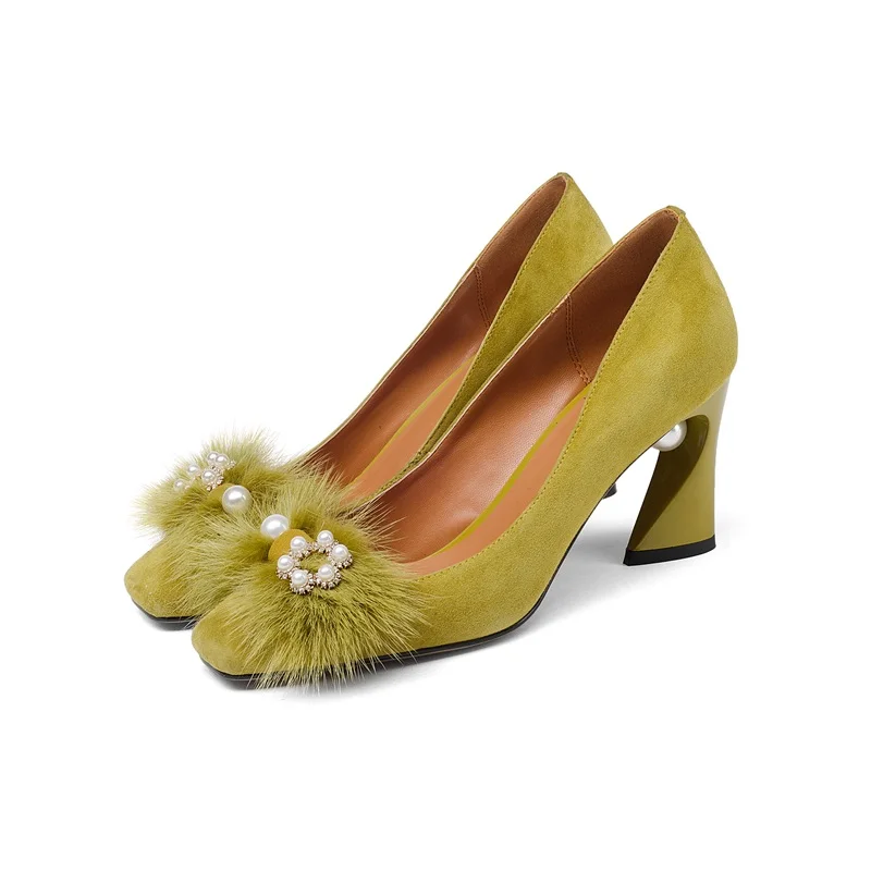 ZVQ/туфли-лодочки Мэри Джейн из натуральной овечьей кожи женская офисная обувь на высоком каблуке с жемчужинами и мехом для видео-шоу; сезон весна-осень; Размеры 33-43 CN - Цвет: Mustard yellow