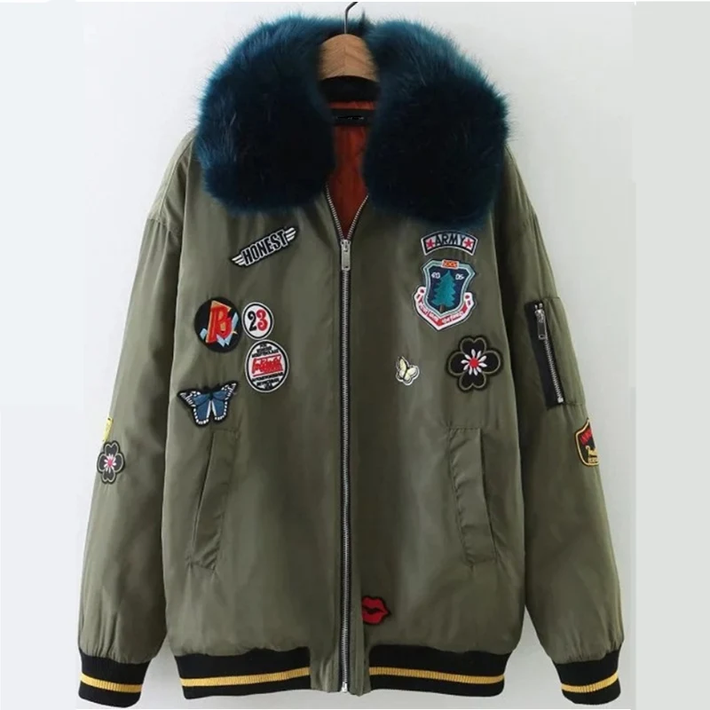 Printemps Bomber De Tops Armée Femme gris Militaire Col Coton Hiver Faux Brodé Veste Noir Fourrure Patch vert Vert Argent Outwear Heyouthoney 41Iwq8