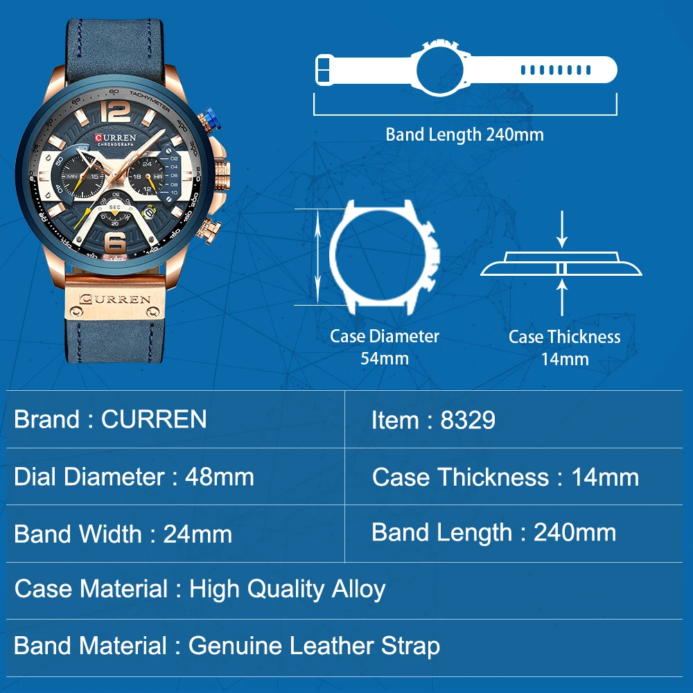 Wristwatch Mens CURREN  Top Brand Luxury Sports Watch Men Fashion Leather Chronograph Watches with Date for Men Male Clock