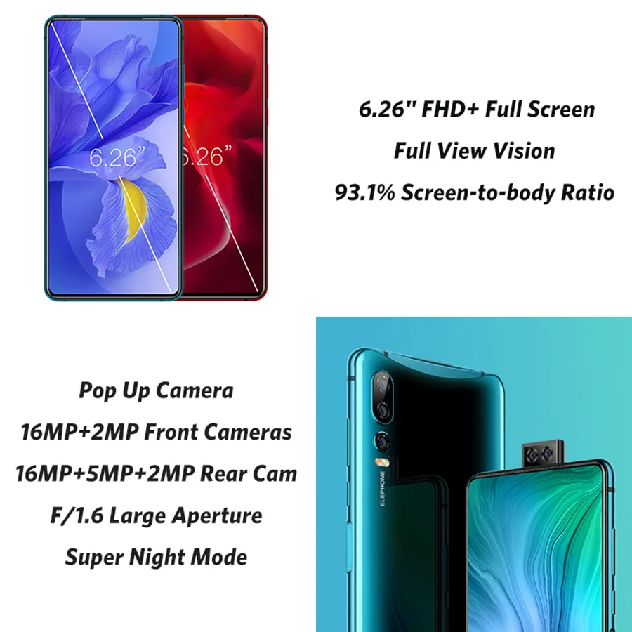 Мобильный телефон Elephone U2 всплывающая камера 16 МП экран 6 26 дюйма FHD + Android 9 0