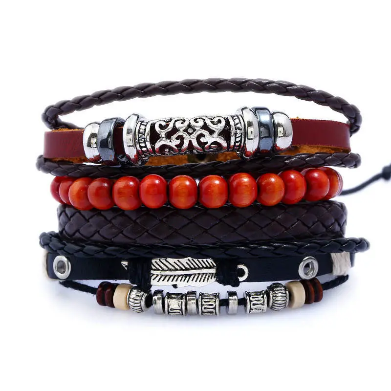 

multilayer leather hemp rope bracelet jewelry Punk Unisex red beaded strand bracelets for Women Men feather bracelets