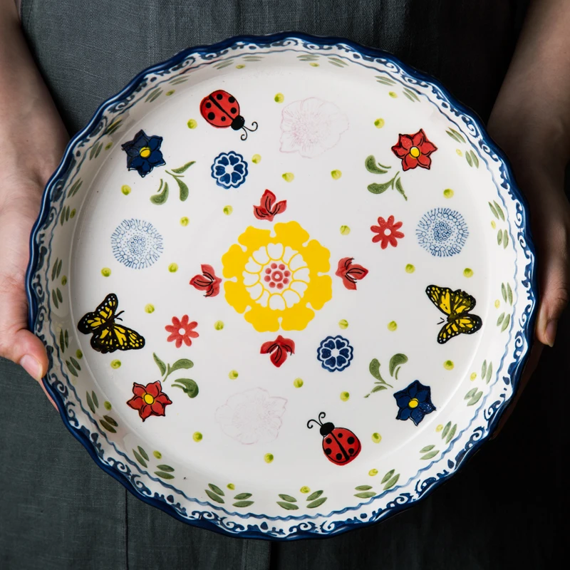 US $30.80 Underglaze Color Technology 10Inch Deep Plate Pizza Plate Round Ceramic Dish Household Wavy Lace Baking Oven Baking Tools