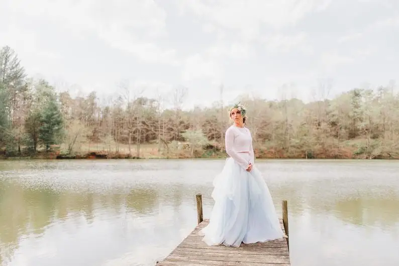 Saia Faldas 2019 Con Largo Novia Romántico Tul Azul Falda Tren Cremallera Vestido Longa Cielo Luz De qWfw46zW